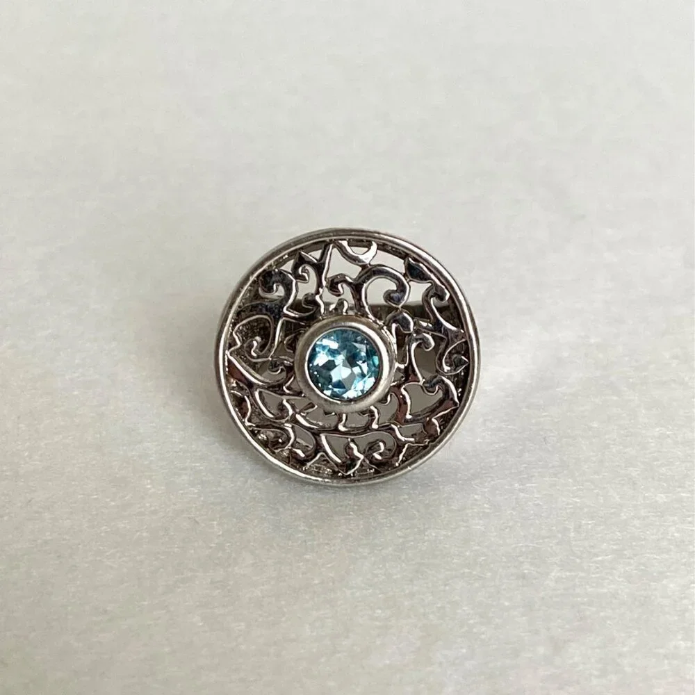 Sterling Silver 925 Round Blue Topaz Scrollwork Wide Band Statement Ring Sz 5.75